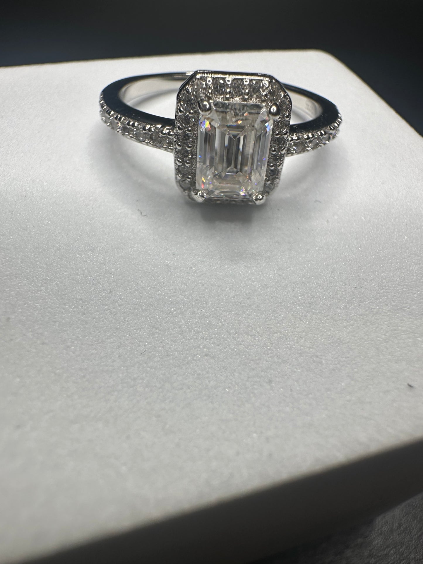 7.5mm Emerald Cut, 1ctw 925 Sterling Silver Moissanite Ring